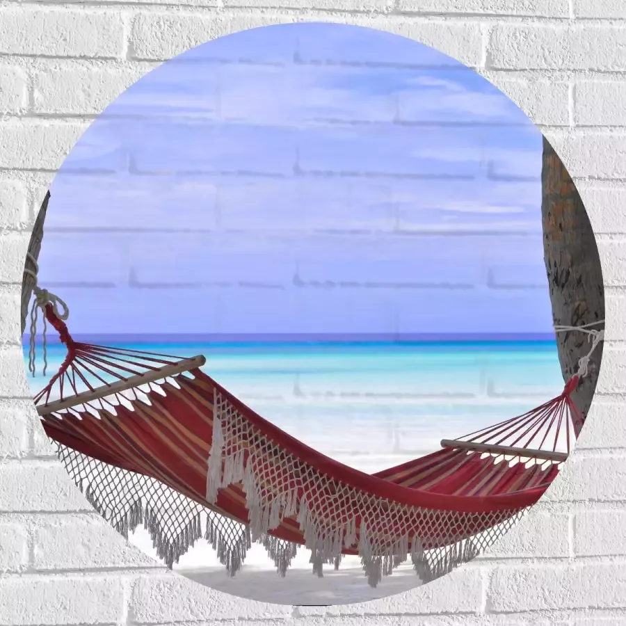WallClassics Muursticker Cirkel Rode Ibiza Hangmat op Tropisch Strand 80x80 cm Foto op Muursticker