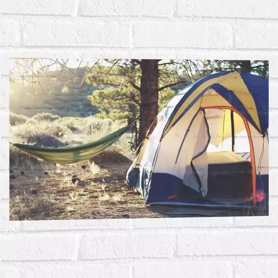 WallClassics Muursticker Hangmat bij Tent in Bos 60x40 cm Foto op Muursticker