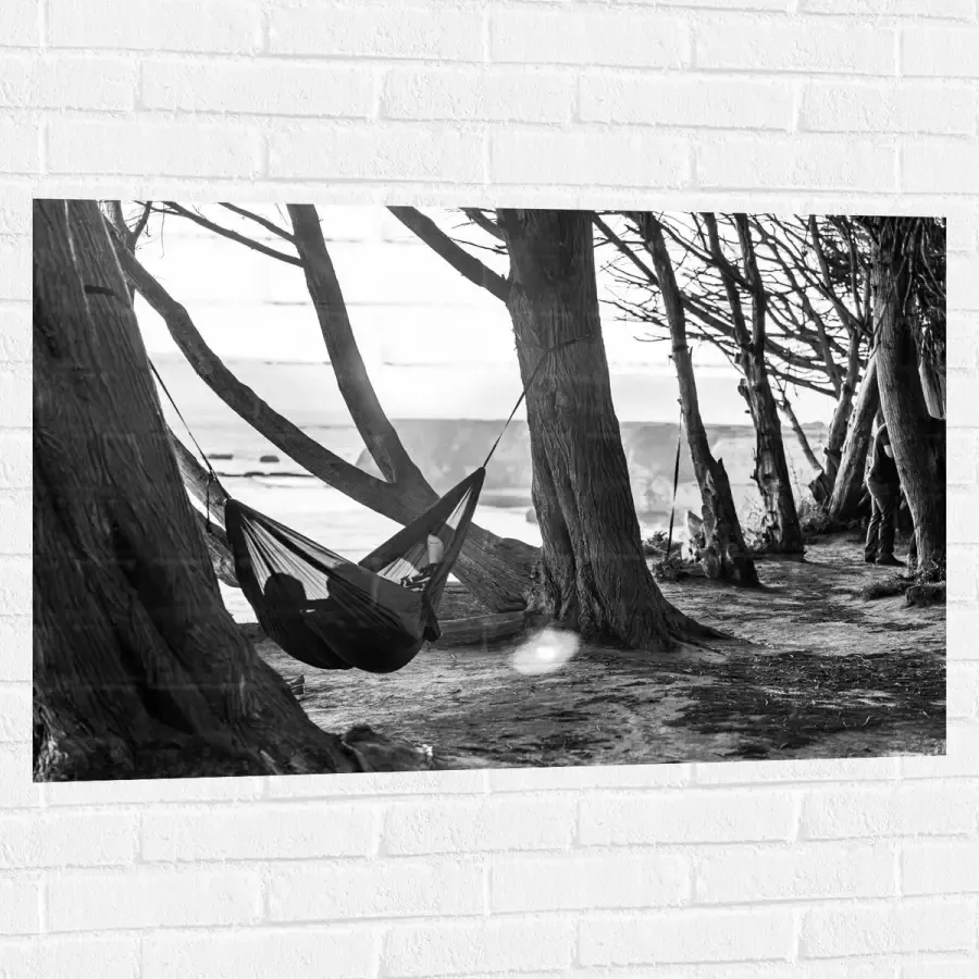 WallClassics Muursticker Hangmat tussen de Bomen Zwart Wit 105x70 cm Foto op Muursticker