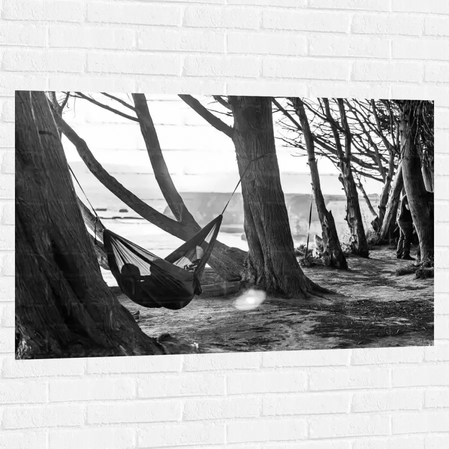WallClassics Muursticker Hangmat tussen de Bomen Zwart Wit 120x80 cm Foto op Muursticker