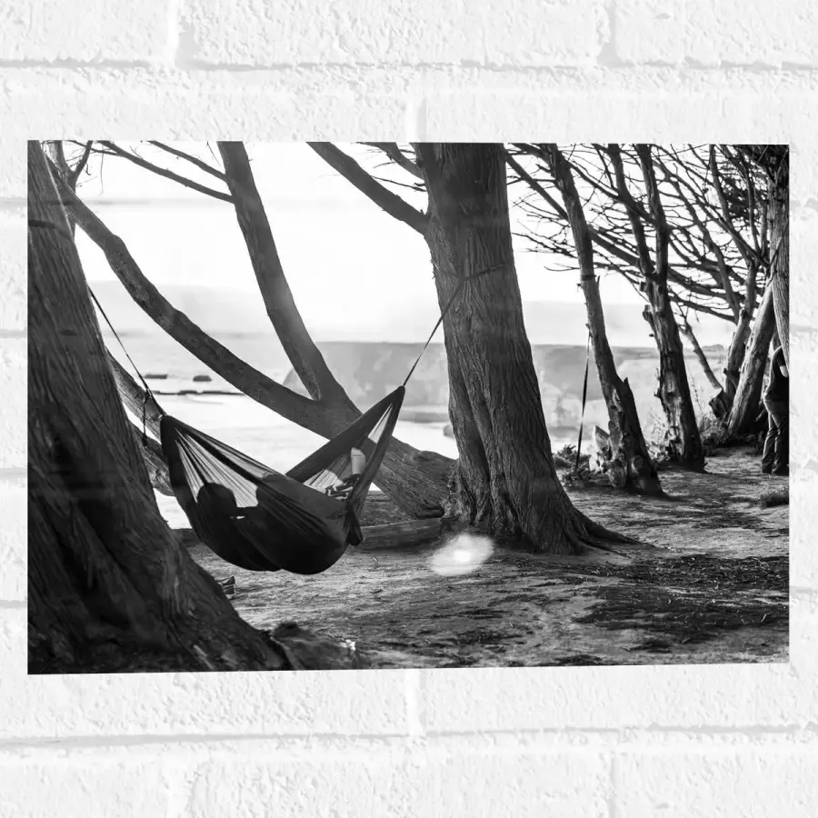 WallClassics Muursticker Hangmat tussen de Bomen Zwart Wit 40x30 cm Foto op Muursticker
