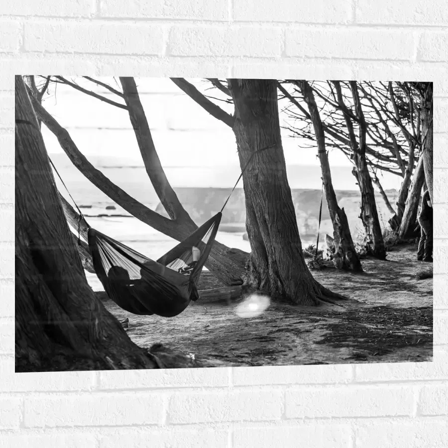 WallClassics Muursticker Hangmat tussen de Bomen Zwart Wit 80x60 cm Foto op Muursticker