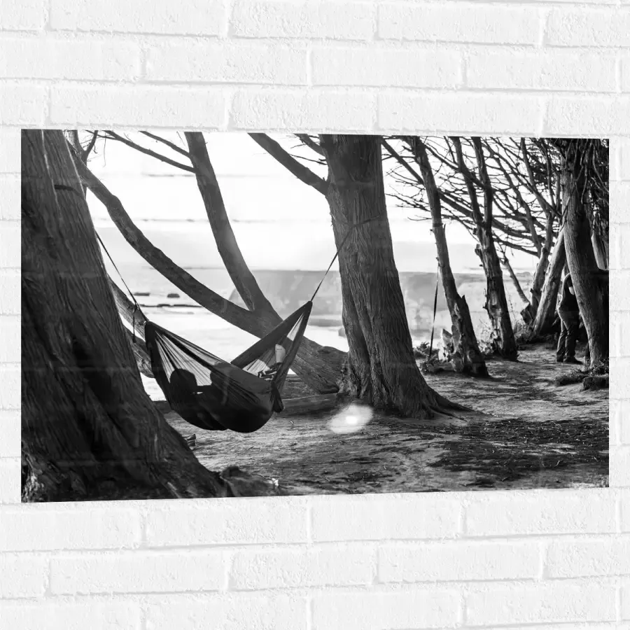 WallClassics Muursticker Hangmat tussen de Bomen Zwart Wit 90x60 cm Foto op Muursticker
