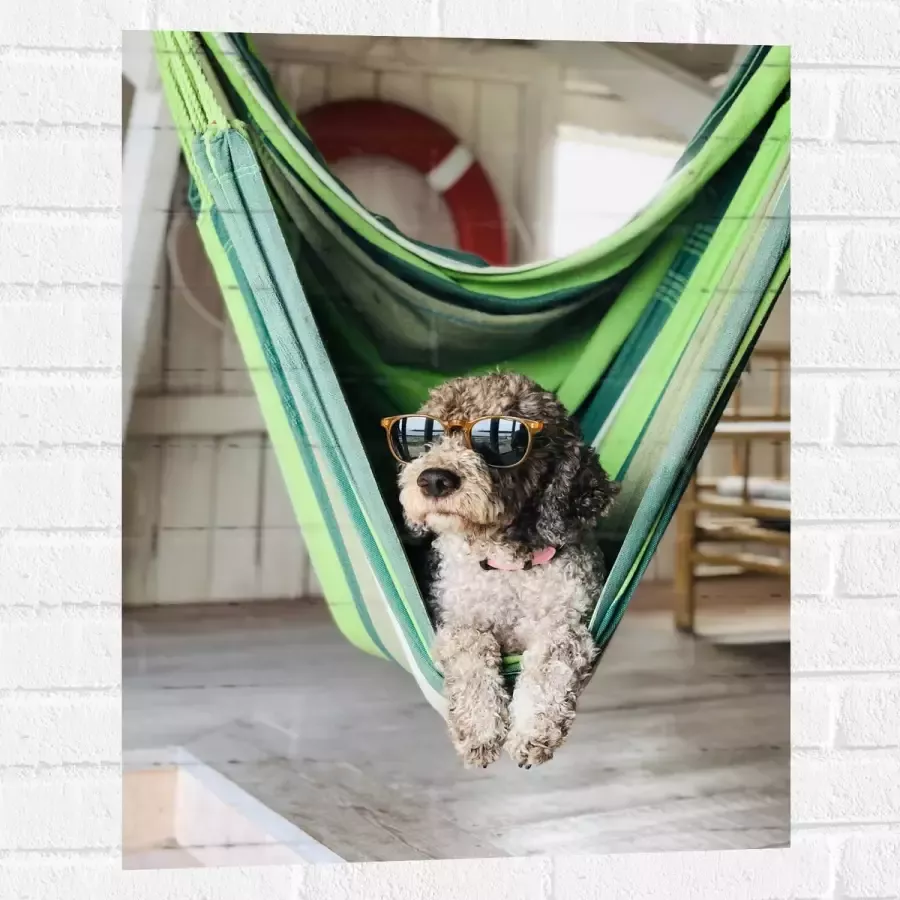 WallClassics Muursticker Liggende Hond in Hangmat met Zonnebril 60x80 cm Foto op Muursticker