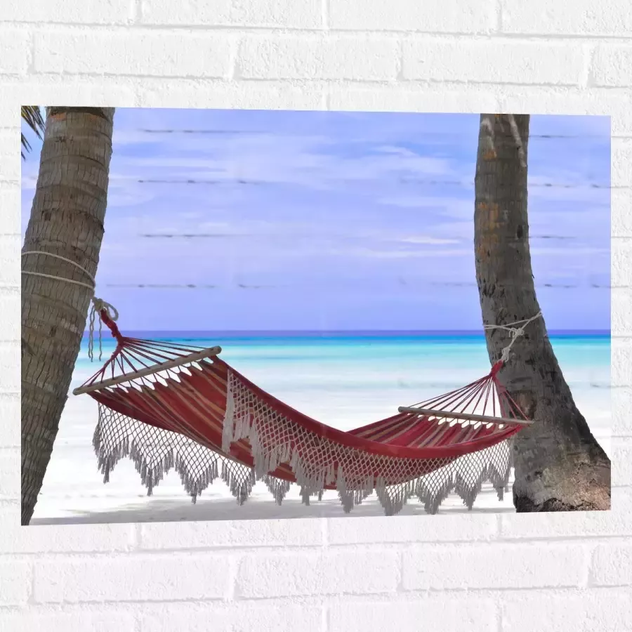 WallClassics Muursticker Rode Ibiza Hangmat op Tropisch Strand 80x60 cm Foto op Muursticker