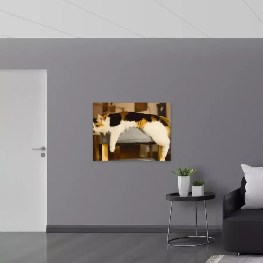 WallClassics Poster Glanzend – Luie Lapjeskat liggend op Poef 100x75 cm Foto op Posterpapier met Glanzende Afwerking