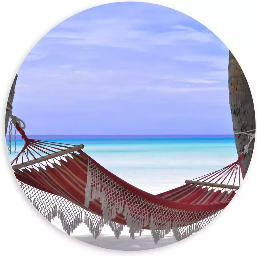 WallClassics PVC Schuimplaat Muurcirkel Rode Ibiza Hangmat op Tropisch Strand 100x100 cm Foto op Muurcirkel (met ophangsysteem)