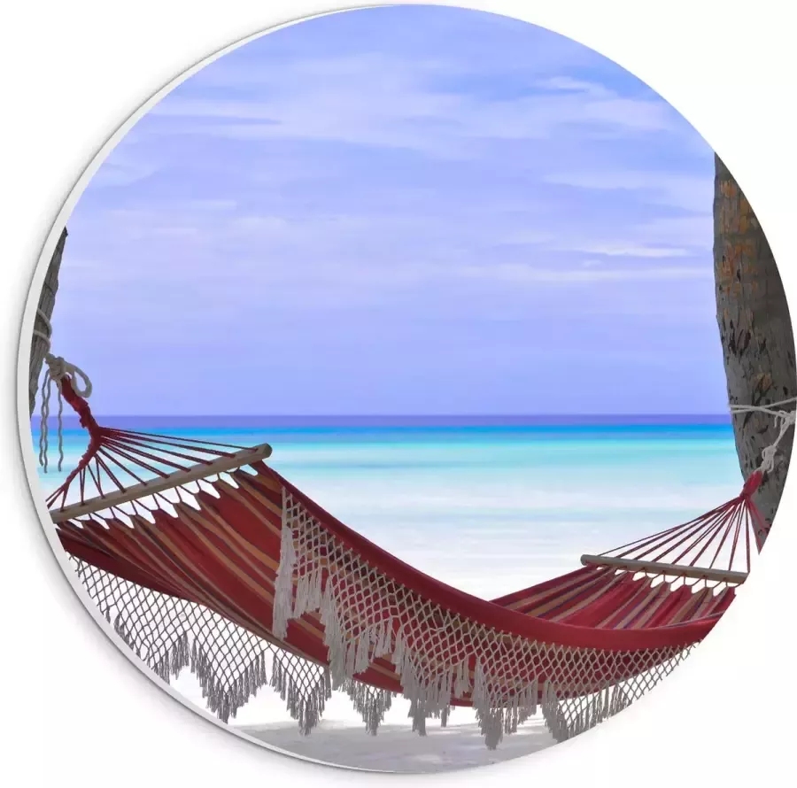 WallClassics PVC Schuimplaat Muurcirkel Rode Ibiza Hangmat op Tropisch Strand 20x20 cm Foto op Muurcirkel (met ophangsysteem)