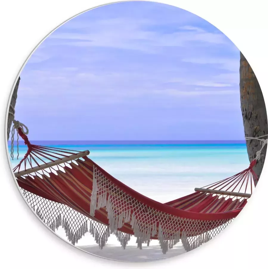 WallClassics PVC Schuimplaat Muurcirkel Rode Ibiza Hangmat op Tropisch Strand 30x30 cm Foto op Muurcirkel (met ophangsysteem)