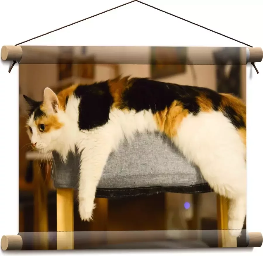 WallClassics Textielposter Bruin Zwart Gevlekte Kat uitgestrekt over Poef 40x30 cm Foto op Textiel