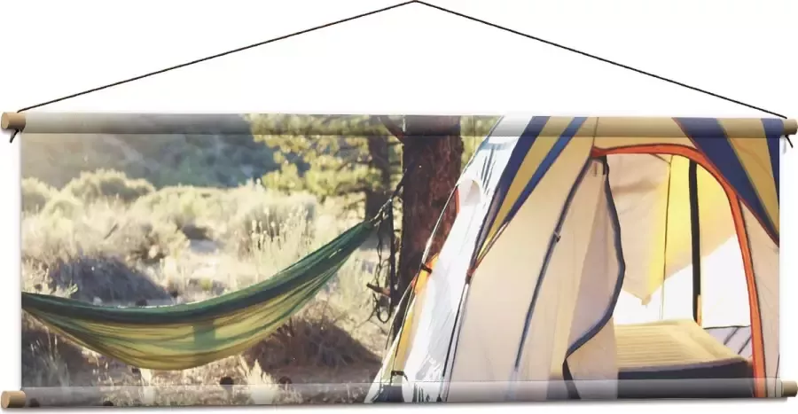 WallClassics Textielposter Hangmat bij Tent in Bos 120x40 cm Foto op Textiel