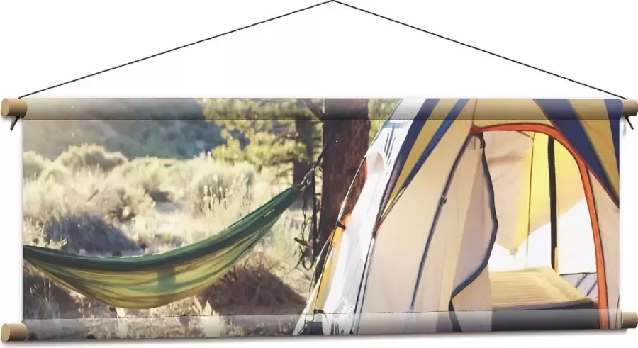 WallClassics Textielposter Hangmat bij Tent in Bos 90x30 cm Foto op Textiel