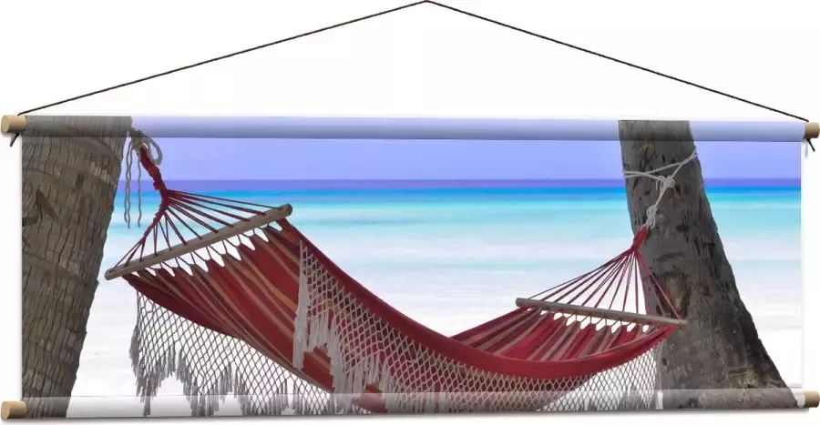 WallClassics Textielposter Rode Ibiza Hangmat op Tropisch Strand 120x40 cm Foto op Textiel