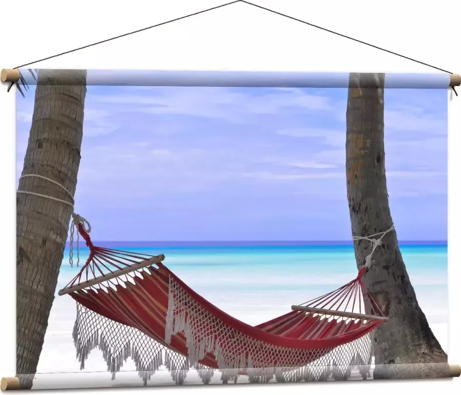 WallClassics Textielposter Rode Ibiza Hangmat op Tropisch Strand 90x60 cm Foto op Textiel