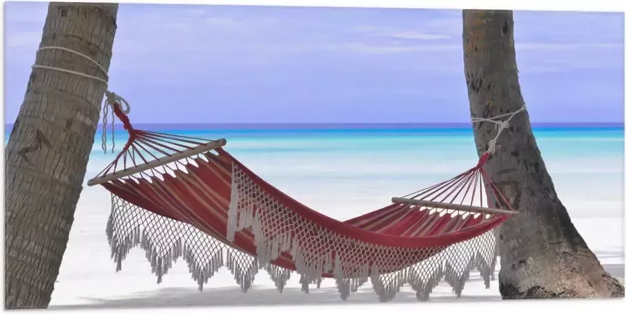 WallClassics Vlag Rode Ibiza Hangmat op Tropisch Strand 100x50 cm Foto op Polyester Vlag