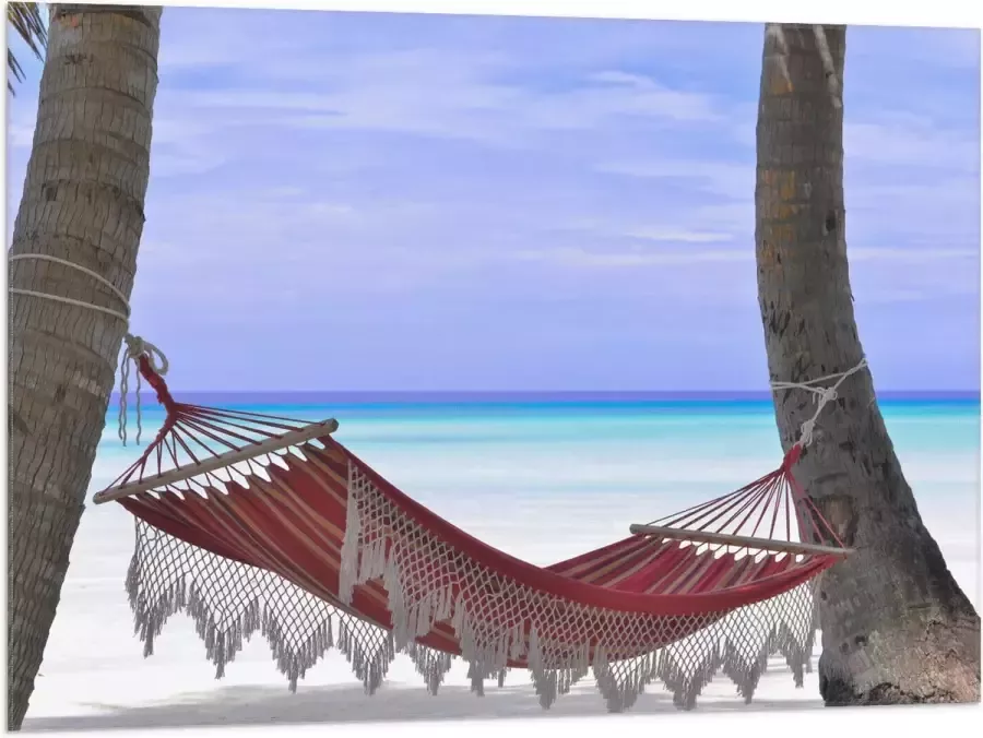 WallClassics Vlag Rode Ibiza Hangmat op Tropisch Strand 100x75 cm Foto op Polyester Vlag