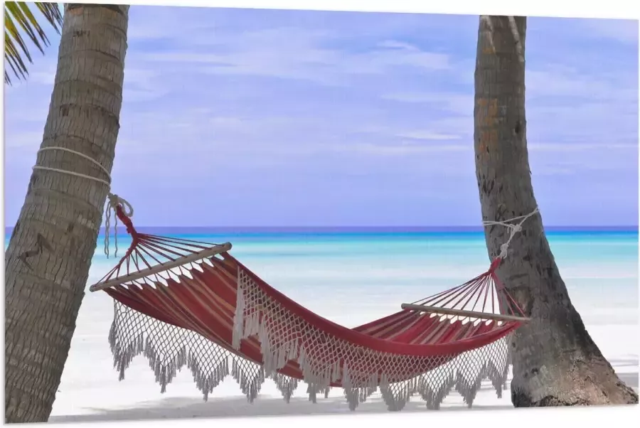 WallClassics Vlag Rode Ibiza Hangmat op Tropisch Strand 120x80 cm Foto op Polyester Vlag