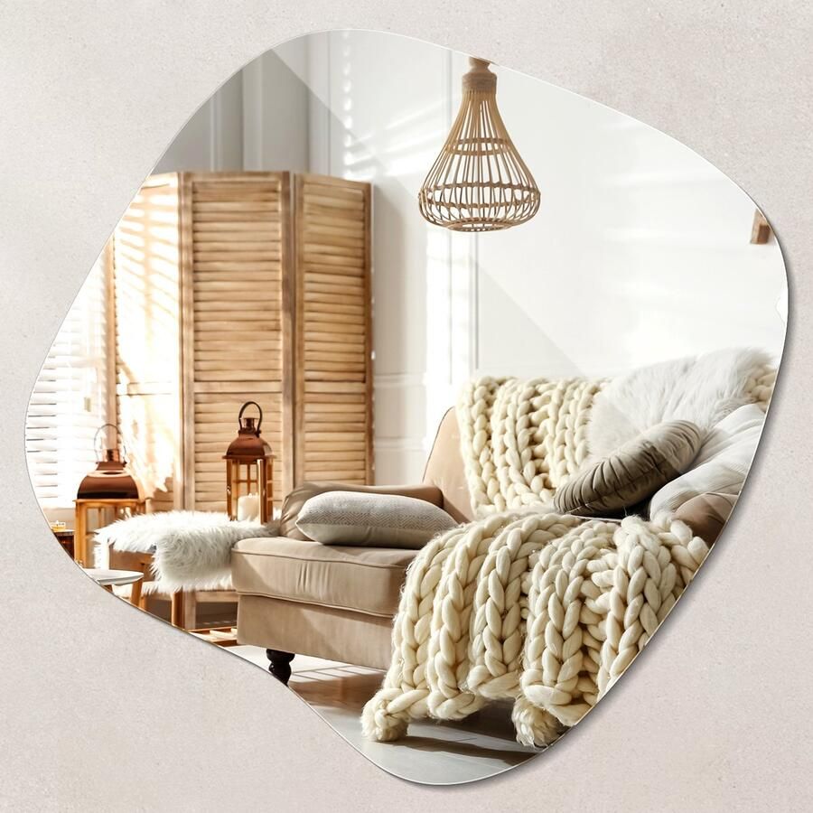 WALLFLUENT Grote Spiegel Organische vorm spiegel 77x77 Modieus wandspiegel Woonkamerspiegel Inloopkastspiegel Hal Kaptafel spiegel Wandmontage Stijlvolle Woonaccessoires Natuurlijk design Spiegel Hangspiegel