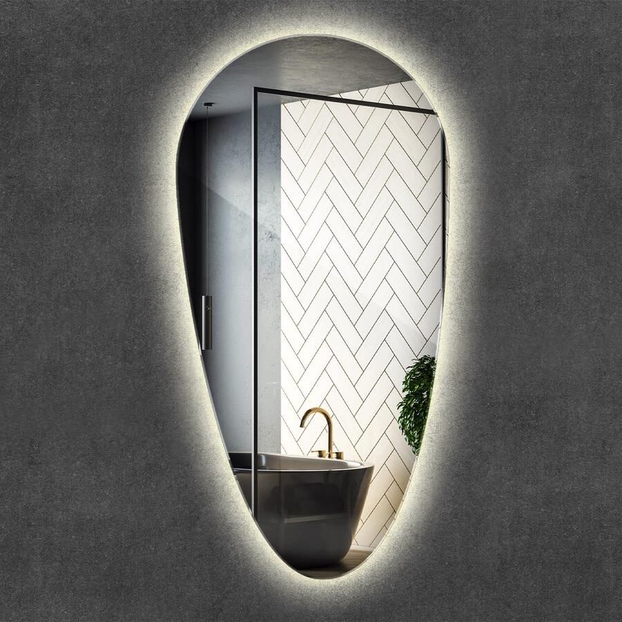 WALLFLUENT LED Spiegel Asymmetrische LED Spiegel 40 cm x 80 cm Make-up Spiegel Decoratieve Spiegel Badkamerspiegel – Eetkamerspiegel – Kaptafel Spiegel – Kleedkamer spiegel LED Industriële Wandspiegel Neutraal Wit Designer Spiegel