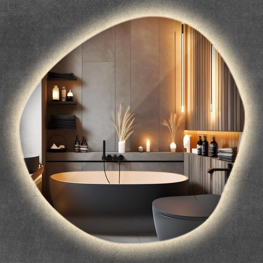 WALLFLUENT LED Spiegel Asymmetrische Spiegel Met Verlichting 87 cm x 86 cm Unieke Wandspiegel Kledingkamerspiegel – Gangspiegel – Badkamerspiegel – Spiegel voor kaptafel Warm Wit 3000K Ophangsysteem LED wandspiegel Minimalistisch