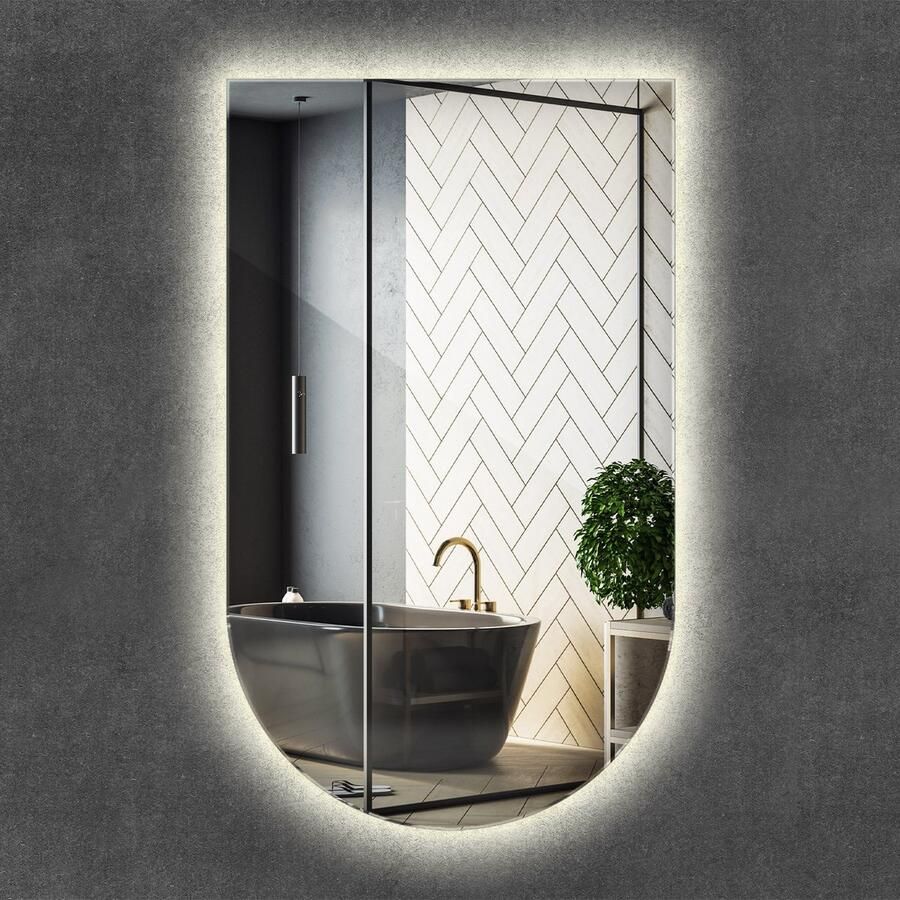 WALLFLUENT LED Spiegel in boogvorm met LED-verlichting 40 x 70 cm Afgesneden ovaal Spiegel Badkamerspiegel – Eetkamerspiegel – Kaptafel Spiegel– Kantoorspiegel Koel Wit Montageset Frameloze Minimalistisch