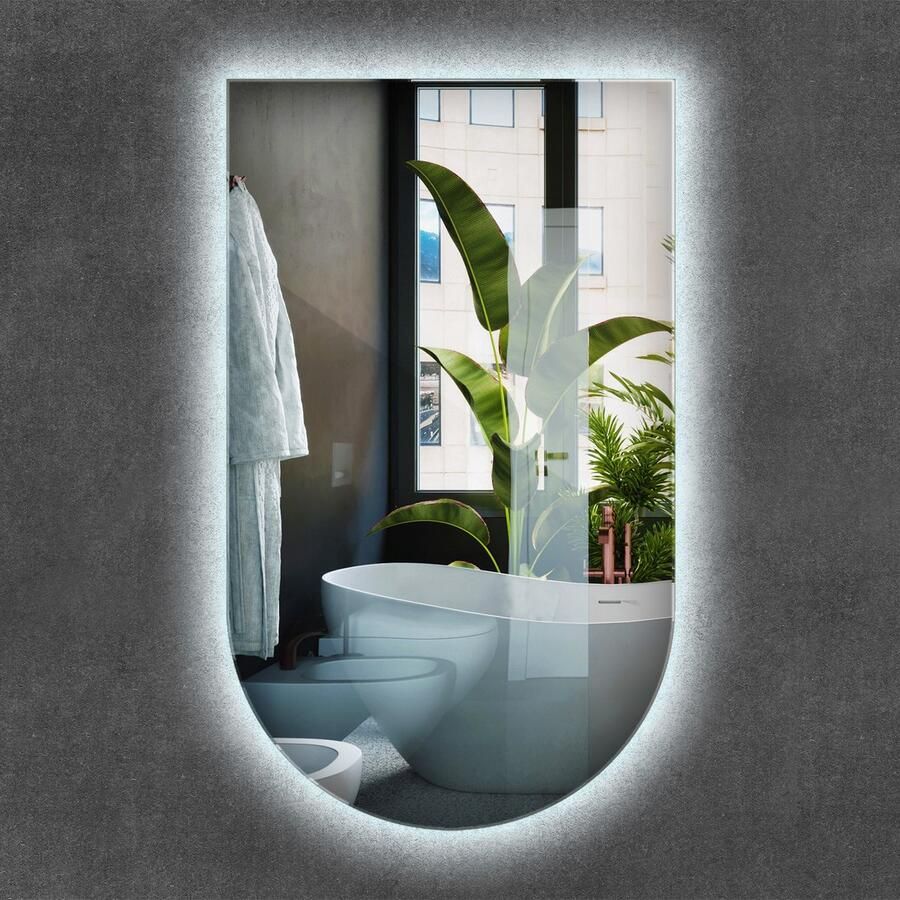 WALLFLUENT LED Spiegel Boogvorm Spiegel met LED-verlichting 45 x 80 cm Ovale afgeknotte Spiegel Badkamerspiegel – Eetkamerspiegel – Kaptafel Spiegel– Kantoorspiegel Neutraal Wit Energiezuinige Spiegel Industriële Spiegel