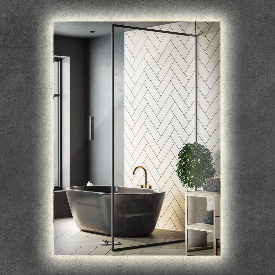 WALLFLUENT LED Spiegel Hangspiegel Rechthoekige met verlichting 70 cm x 50 cm met neutraal licht Badkamerspiegel – Eetkamerspiegel – Kaptafel Spiegel – Kleedkamer spiegel Minimalistische Luxe Moderne Make up spiegel Industriële