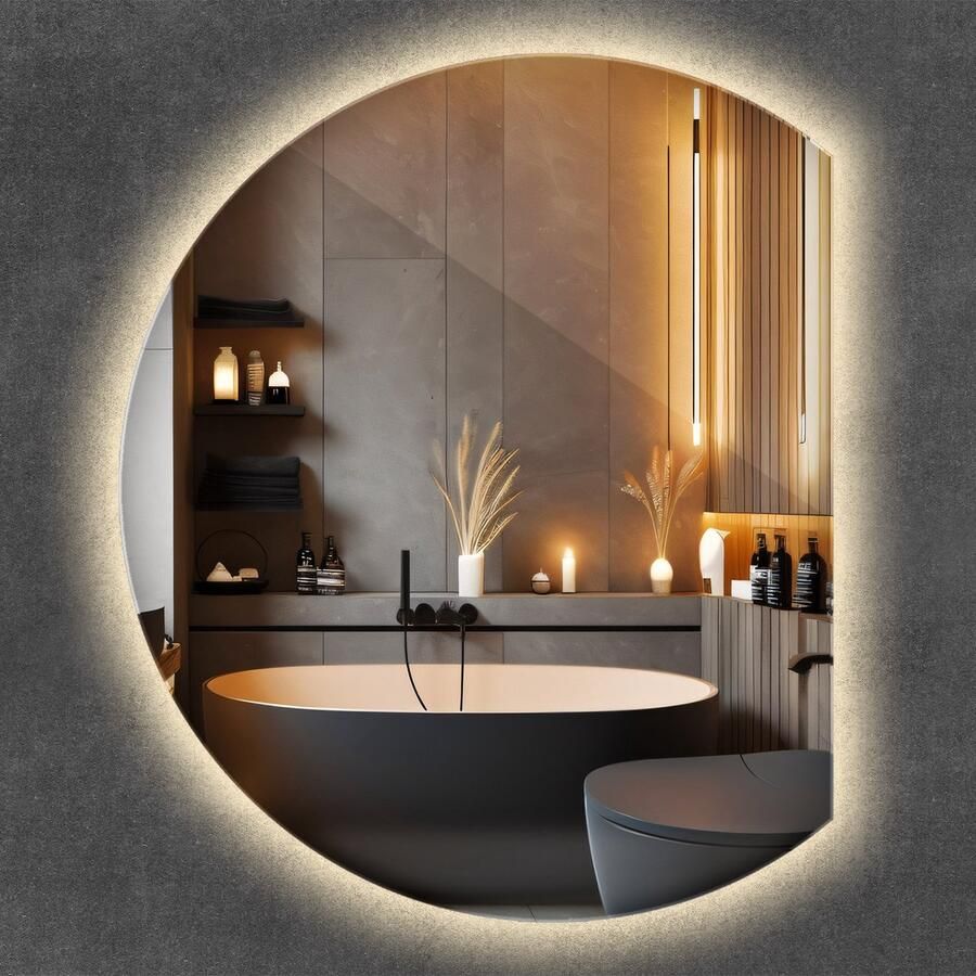 WALLFLUENT LED Spiegel LED Rond Afgesneden 70 cm x 80 cm Design Wandspiegel Badkamerspiegel – Eetkamerspiegel – Keukenspiegel – Kantoorspiegel Warm Wit 3000K Kaptafel spiegel met verlichting Industriële Spiegel