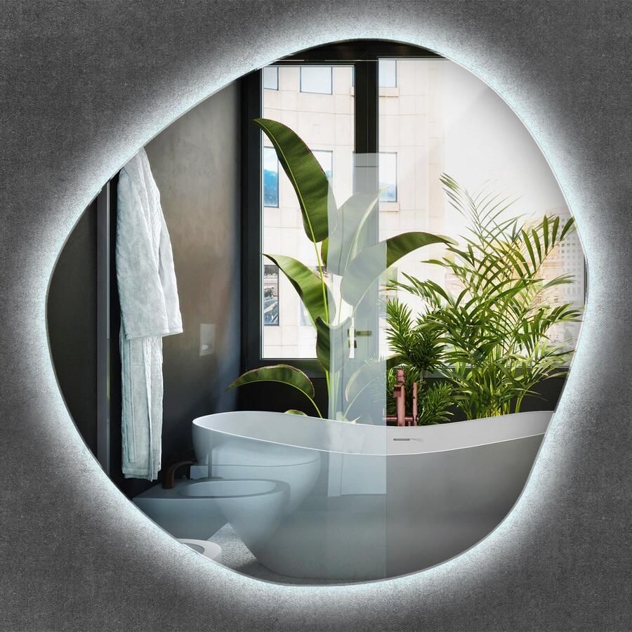 WALLFLUENT LED Spiegel LED Spiegel Organische Vorm 77 cm x 77 cm Niet-standaardvorm Spiegel Kledingkamerspiegel – Gangspiegel – Badkamerspiegel – Spiegel voor kaptafel Neutraal Wit 4000K Inclusief montagemateriaal LED Industriële