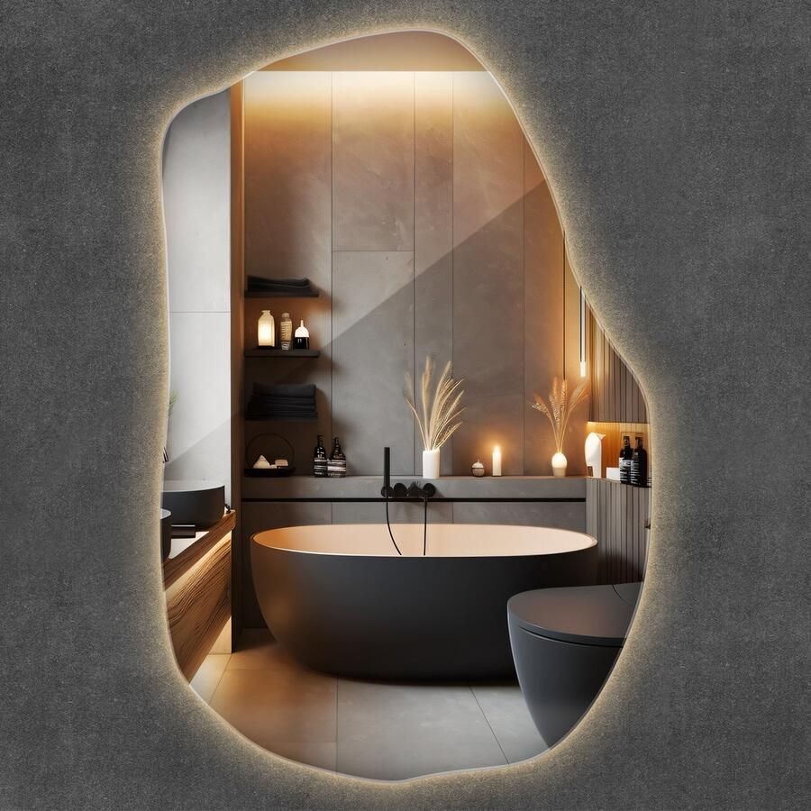 WALLFLUENT LED Spiegel Asymmetrische Spiegel LED 80 cm x 52 cm Hollywood Spiegel Industriële Wandspiegel Warm Wit 3000K Badkamerspiegel Gangspiegel Eetkamer Kaptafel Spiegel Veilig geslepen randen Wandmontage