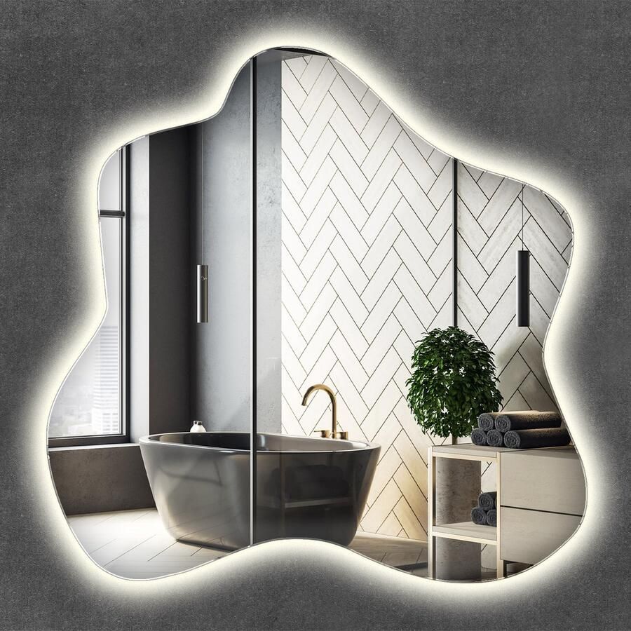 WALLFLUENT LED Spiegel Organisch Met Verlichting 48 x 48 cm Vanity Spiegel Verlichte Glamour Spiegel Neutraal Wit Woonkamerspiegel Inloopkastspiegel Gang Kaptafel Spiegel Inclusief montageset Wandmontage Boho