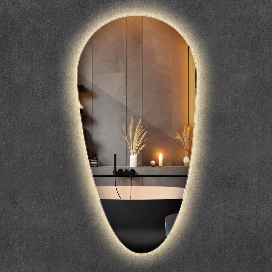 WALLFLUENT LED Spiegel Organisch Vormgegeven LED Spiegel 45 cm x 90 cm Onregelmatige Spiegel zonder lijst Badkamerspiegel – Eetkamerspiegel – Kaptafel Spiegel Industriële Wandspiegel Warm Wit Randloze Spiegel