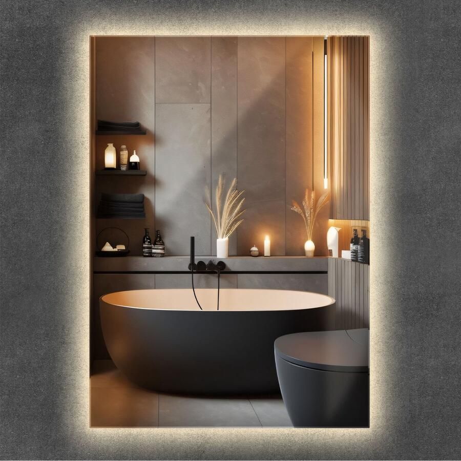 WALLFLUENT LED Spiegel Rechthoekige Spiegel Met Verlichting 70 cm x 50 cm met warm licht Badkamerspiegel – Eetkamerspiegel – Kaptafel Spiegel – Kleedkamer spiegel Woonaccessoires Hangspiegel Decoratieve Make up spiegel Industriële