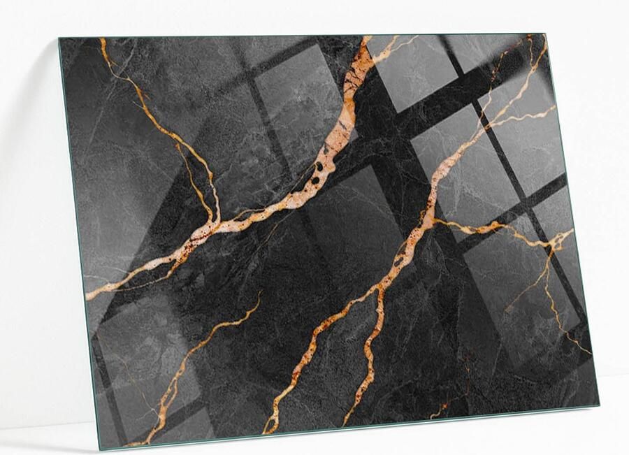 WALLFLUENT Marmerpatroon Met Aderen Glazen Tafelblad 100 x 70 cm Zwart Glazen Plaat Rechthoekig Tafelblad Glas Veiligheidsglas Glazen Tafelblad voor Tuin of Terrastafels