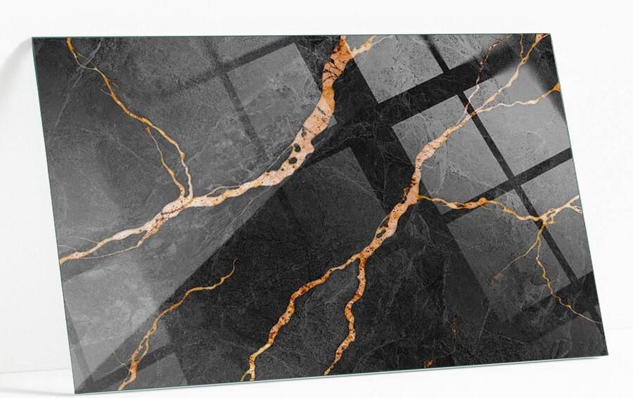 WALLFLUENT Marmerpatroon Met Aderen Glazen Tafelblad 120 x 80 cm Zwart Glazen Plaat Rechthoekig Tafelblad Glas Veiligheidsglas Gehard Glazen Tafelblad Voor de Eettafel in de Eetkamer