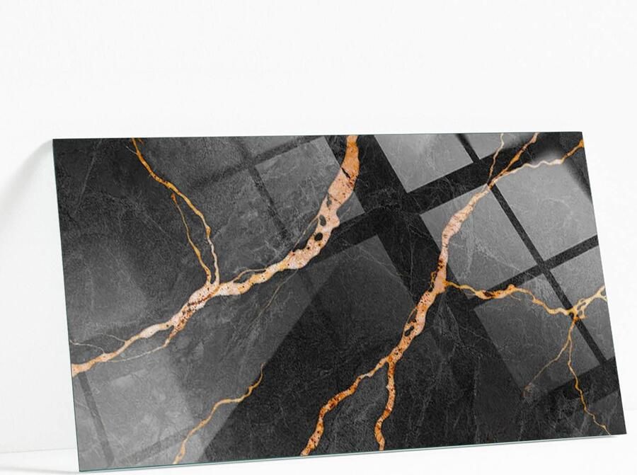WALLFLUENT Marmerpatroon Met Aderen Glazen Tafelblad 100 x 50 cm Zwart Glazen Plaat Rechthoekig Tafelblad Glas Veiligheidsglas Glazen Tafelblad voor de Woonkamer
