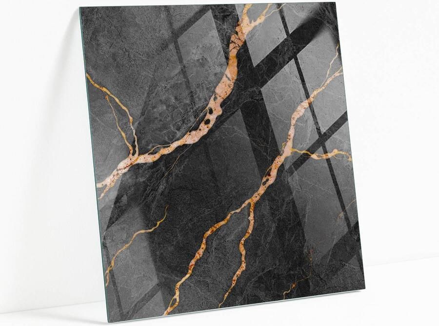 WALLFLUENT Marmerpatroon Met Aderen Glazen Tafelblad 60 x 60 cm Zwart Glazen Plaat Vierkant Tafelblad Glas Veiligheidsglas Glazen Tafelblad Geschikt voor de Keukentafel