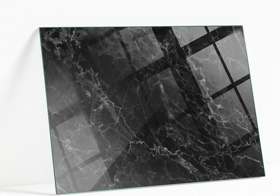 WALLFLUENT Marmerpatroon Met Aderen Glazen Tafelblad 80 x 60 cm Zwart Glazen Plaat Rechthoekig Tafelblad Glas Veiligheidsglas Glazen Tafelblad voor de Woonkamer
