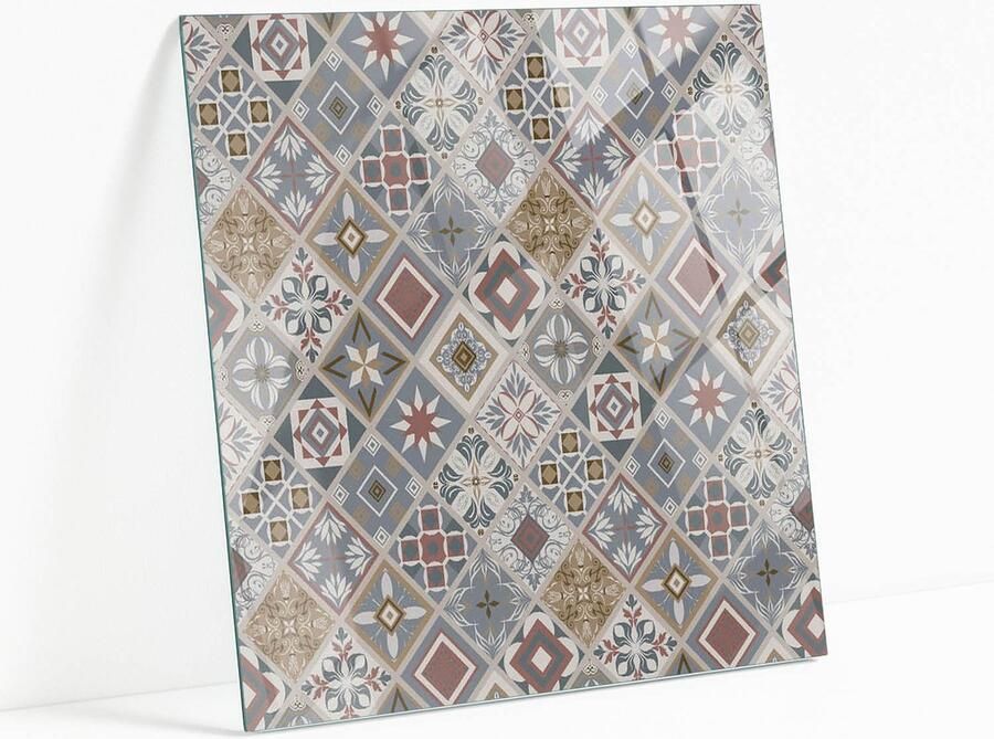 WALLFLUENT Mozaïekpatroon Met Ornamenten Gehard Glas 50 x 50 cm Grijs Glazen Tafelblad Vierkant Tafelblad Glas Glasplaat Tafel Glazen Tafelblad voor de Woonkamer