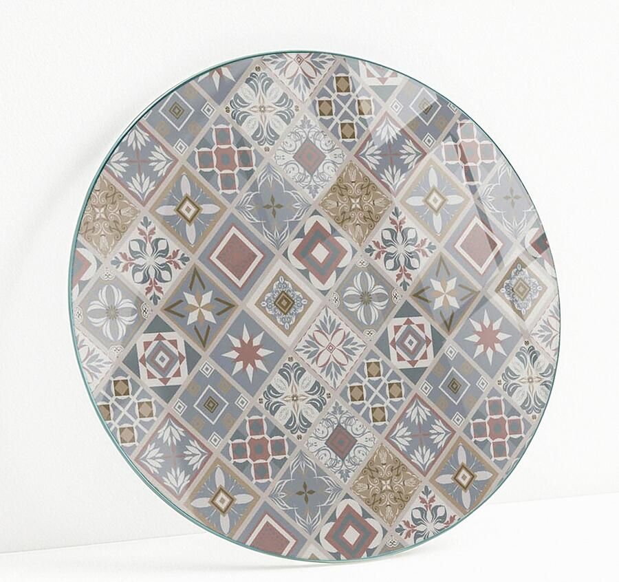 WALLFLUENT Mozaïekpatroon Met Ornamenten Gehard Glas 50 cm Grijs Glazen Tafelblad Rond Tafelblad Glas Glasplaat Tafel Glazen Tafelblad voor Tuin of Terrastafels