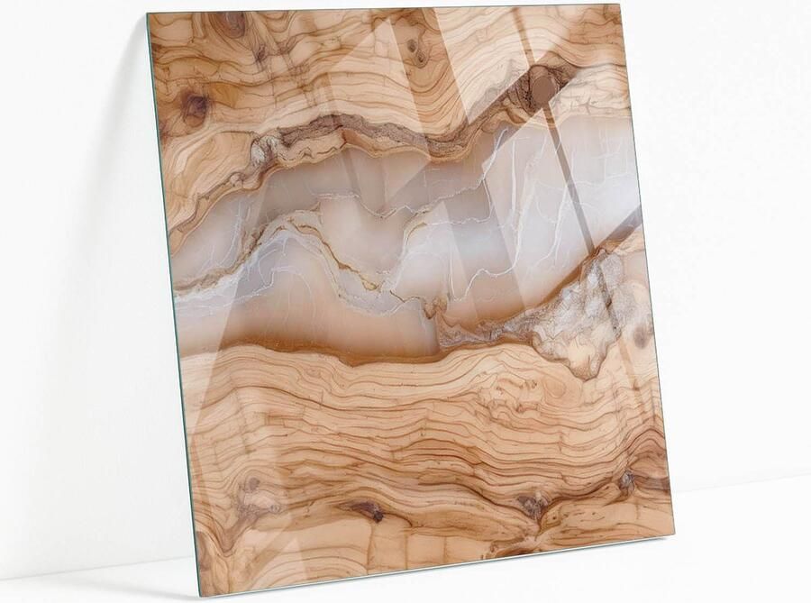 WALLFLUENT Natuurlijk Hout Met Hars Veiligheidsglas 60 x 60 cm Beige Gehard Glas Vierkant Tafelblad Glas Glazen Plaat Gehard Glazen Tafelblad Voor de Eettafel in de Eetkamer