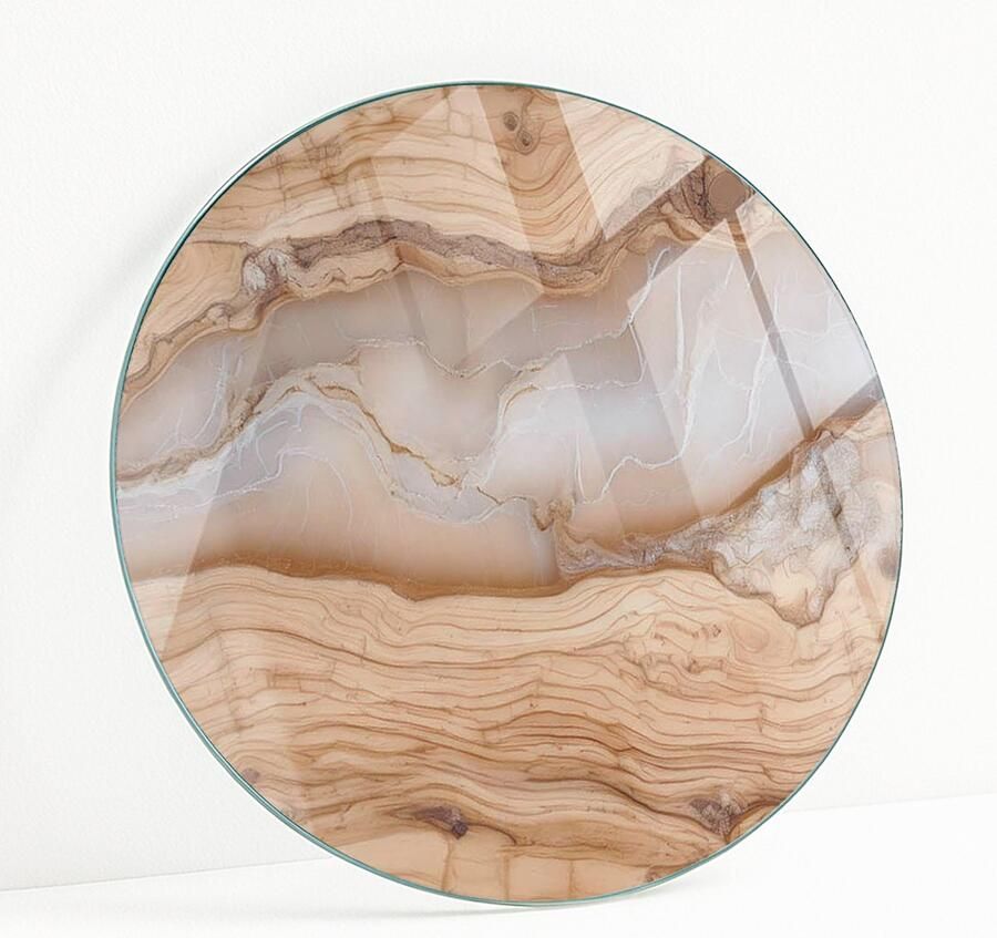 WALLFLUENT Natuurlijk Hout Met Hars Veiligheidsglas 90 cm Beige Gehard Glas Rond Tafelblad Glas Glazen Plaat Gehard Glazen Tafelblad Voor de Eettafel in de Eetkamer