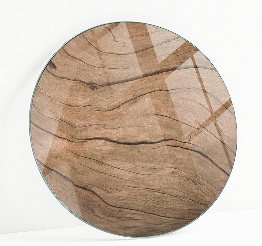 WALLFLUENT Natuurlijk Houtpatroon Veiligheidsglas 80 cm Bruin Gehard Glas Rond Tafelblad Glas Glazen Plaat Gehard Glazen Tafelblad Voor de Eettafel in de Eetkamer