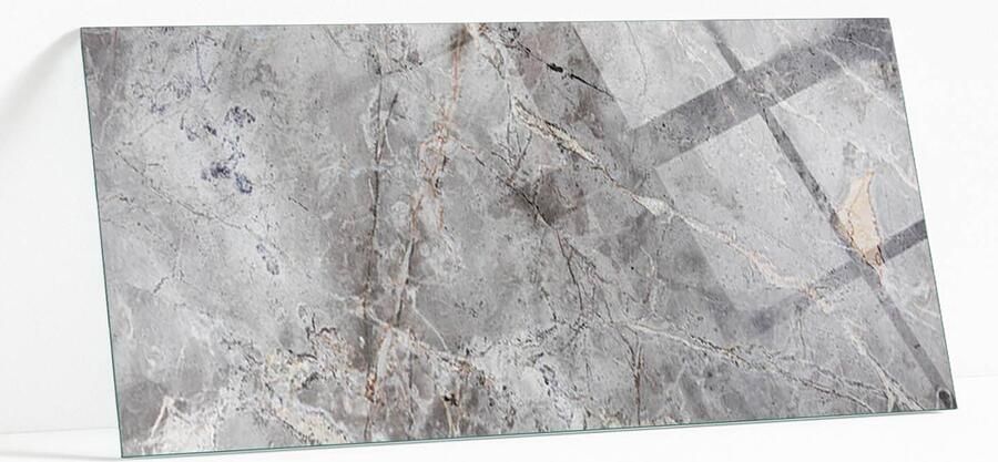 WALLFLUENT Natuurlijk Marmerpatroon Glazen Plaat 125 x 50 cm Grijs Glasplaat Tafel Rechthoekig Tafelblad Glas Gehard Glas Gehard Glazen Tafelblad Voor de Eettafel in de Eetkamer