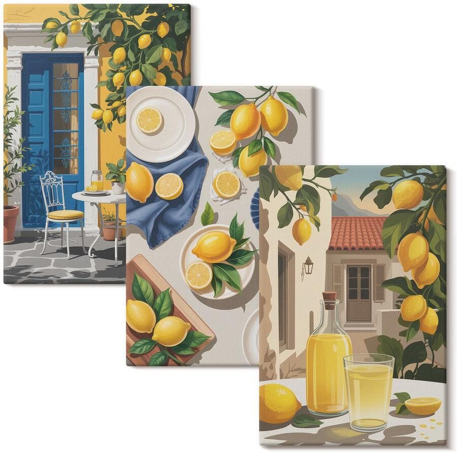 WALLFLUENT Set van canvas schilderijen Citroentuin met citroenen en drankjes op tafel Canvas Schilderijen Set 3 stuks 40x60 cm Geel Set van Canvas Prints Voedsel Canvas Kunst Set Boheemse Canvas Kunst Set