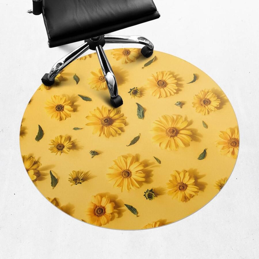 WALLFLUENT Vloerbeschermer Bloemen Op De Achtergrond 100 cm Geel Bureaustoel Vloerbeschermer Rond Vloerbeschermer Groot-Stoel Mat-Werkplekdecoraties Boho-patroon