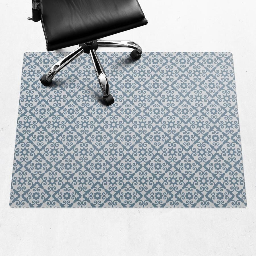 WALLFLUENT Vloerbeschermer Bloemenornament 120x90 cm Blauw Bureau Stoel Mat Rechthoekig Vloerbeschermer PVC-Computer Stoel Mat-Kantoordecoraties Boho-patroon