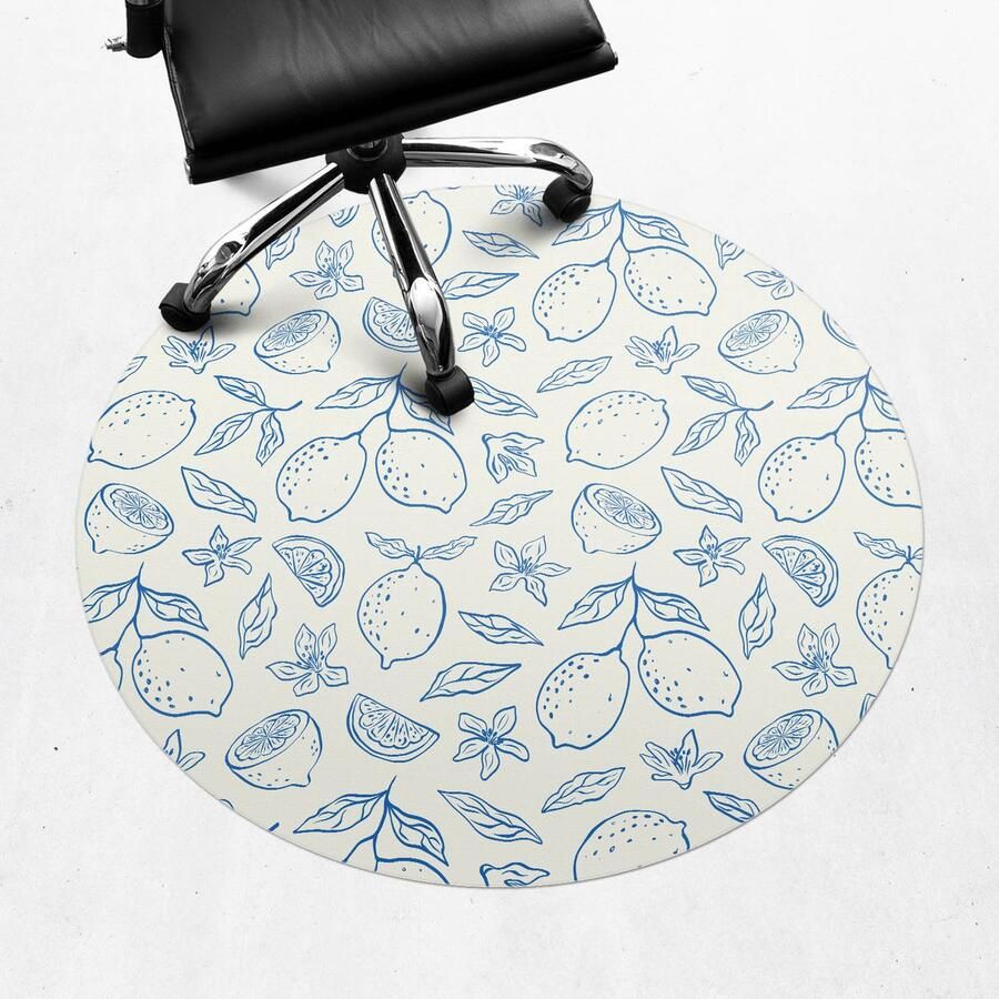 WALLFLUENT Vloerbeschermer Citroen Retro Patroon 100 cm Blauw Vloerbeschermer Bureaustoel Rond Vloerbeschermer Vinyl-Stoel Mat-Werkplekdecoraties Boho-patroon