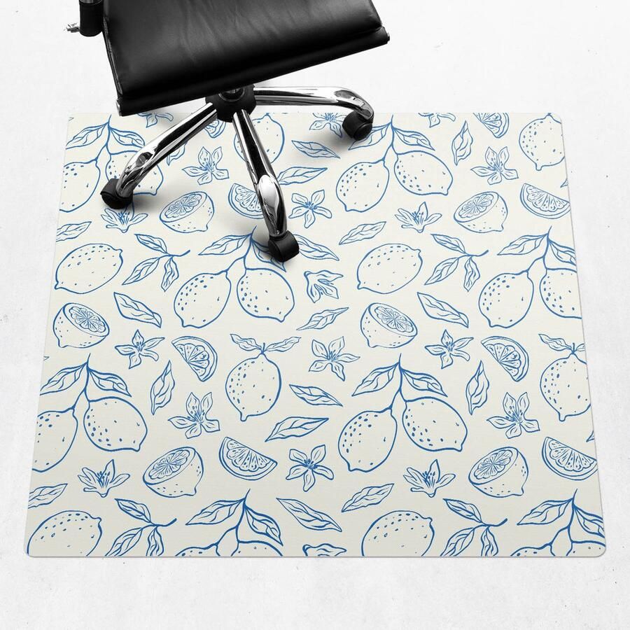 WALLFLUENT Vloerbeschermer Citroen Retro Patroon 100x100 cm Blauw Vloerbeschermer Bureaustoelmat Vierkant Vloerbeschermer Vinyl-Computer Stoel Mat-Werkplekdecoraties Boho-patroon