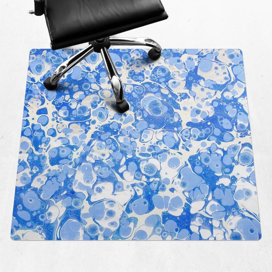 WALLFLUENT Vloerbeschermer Gemarmerde Bubbels 100x100 cm Blauw Bureau Stoel Mat Vierkant Motif Vloerbeschermer-Stoel Mat-Werkplekdecoraties Organisch marmerpatroon